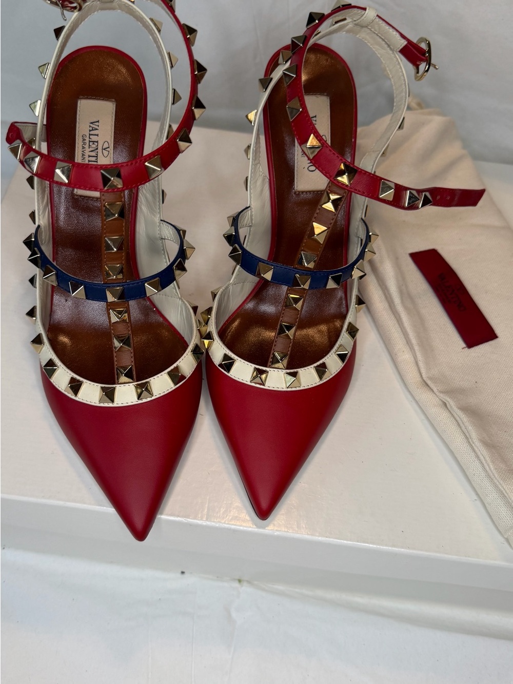 Valentino Red, White & Navy Rockstud Pointed Slingback Heels - Picture 2 of 8